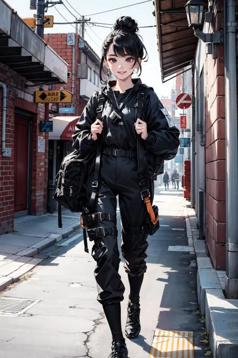(masterpiece, best quality:1.4), (beautiful, perfect, delicate, detailed, intricate, aesthetic:1.2), hyper realistic, photorealistic, beautiful lighting, cinematic shot, cinematic lighting, cinematic bloom, looking at viewer, beautiful clean face, fullbody, 1girl, perfect female form, (perfect face, glossy lips), wearing black techwear jacket and orange trousers with buckle and tape, (crystal necklace), posing for a picture, (red braided bun), long legs, big happy warm smile, carrying a white backpack, on the street, <lora:UrbanSamurai:0.6>