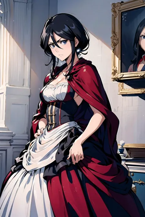 <lora:HerrscherAGGA2023_Rukia_V1:1>, kuchiki rukia, blue eyes, black hair, hair between eyes, <lora:LRGown:0.9>, ballgown, RHG, a woman in a red cape, wearing RHG, wearing a ballgown, serious expression, cleavage,, (masterpiece, high quality, best quality:1.3), Detailed