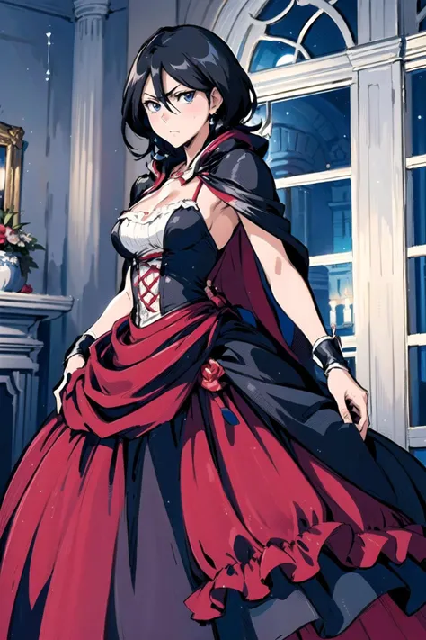 <lora:HerrscherAGGA2023_Rukia_V1:1>, kuchiki rukia, blue eyes, black hair, hair between eyes, <lora:LRGown:0.9>, ballgown, RHG, a woman in a red cape, wearing RHG, wearing a ballgown, serious expression, cleavage,, (masterpiece, high quality, best quality:1.3), Detailed