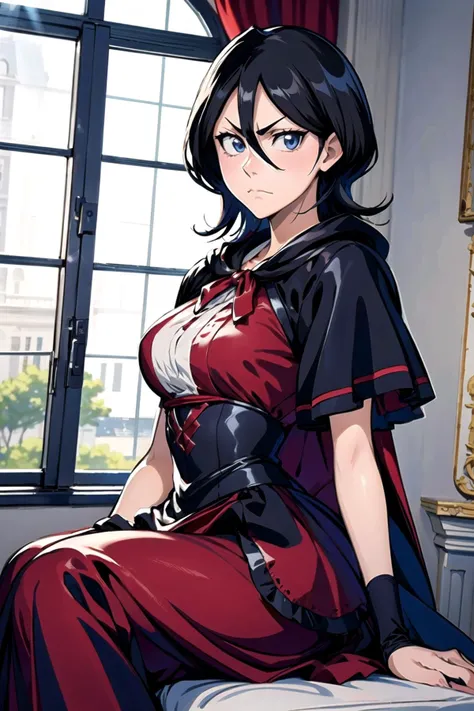 <lora:HerrscherAGGA2023_Rukia_V1:1>, kuchiki rukia, blue eyes, black hair, hair between eyes, <lora:LRGown:0.9>, ballgown, RHG, a woman in a red cape, wearing RHG, wearing a ballgown, (closed mouth:1.4), serious expression, sitting,, (masterpiece, high quality, best quality:1.3), Detailed