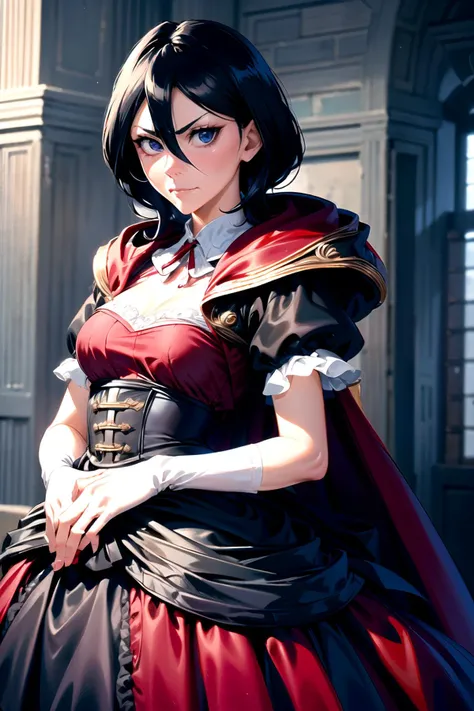 <lora:HerrscherAGGA2023_Rukia_V1:1>, kuchiki rukia, blue eyes, black hair, hair between eyes, <lora:LRGown:0.8>, ballgown, RHG, a woman in a red cape, wearing RHG, wearing a ballgown, (closed mouth:1.4),, (masterpiece, high quality, best quality:1.3), Detailed