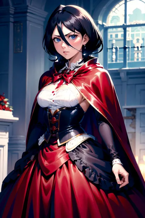 <lora:HerrscherAGGA2023_Rukia_V1:0.9>, kuchiki rukia, blue eyes, black hair, hair between eyes, <lora:LRGown:0.9>, ballgown, RHG, a woman in a red cape, wearing RHG, wearing a ballgown,, (masterpiece, high quality, best quality:1.3), Detailed