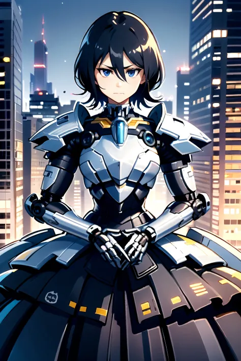 (closed mouth:1.4), <lora:HerrscherAGGA2023_Rukia_V1:0.9>, kuchiki rukia, blue eyes, black hair, hair between eyes, <lora:edgRoboGown:1>, (ballgown:1.1), (edgmecha:1.3), dress, (wearing wick suit:1.2), city,, (masterpiece, high quality, best quality:1.3), Detailed