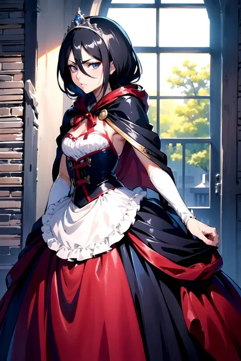 <lora:HerrscherAGGA2023_Rukia_V1:0.9>, kuchiki rukia, blue eyes, black hair, hair between eyes, <lora:LRGown:0.9>,   ballgown, RHG, a woman in a red cape, wearing RHG, wearing a ballgown,, (masterpiece, high quality, best quality:1.3), Detailed