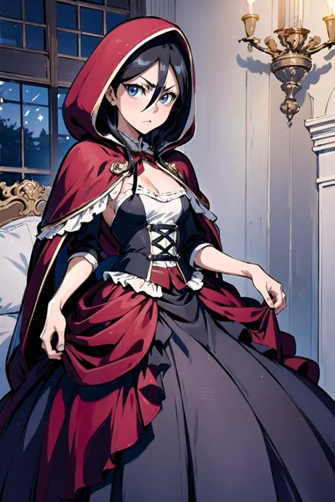 <lora:HerrscherAGGA2023_Rukia_V1:1>, kuchiki rukia, blue eyes, black hair, hair between eyes, <lora:LRGown:0.9>, ballgown, RHG, a woman in a red cape, wearing RHG, wearing a ballgown, serious expression, cleavage, small breasts, lying,, (masterpiece, high quality, best quality:1.3), Detailed