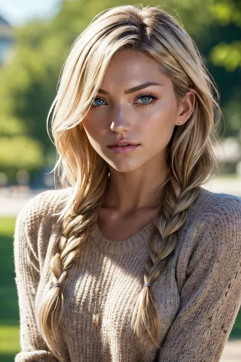 portrait of S412_MarthaHunt,a gorgeous woman,in a (park:1.1),wearing a (sweater:1.1),(braids),(4k, RAW photo, best quality, 50mm, depth of field, ultra high res:1.1),(intricate, photorealistic, cinematic-shot, masterpiece, ultra-detailed:1.1),