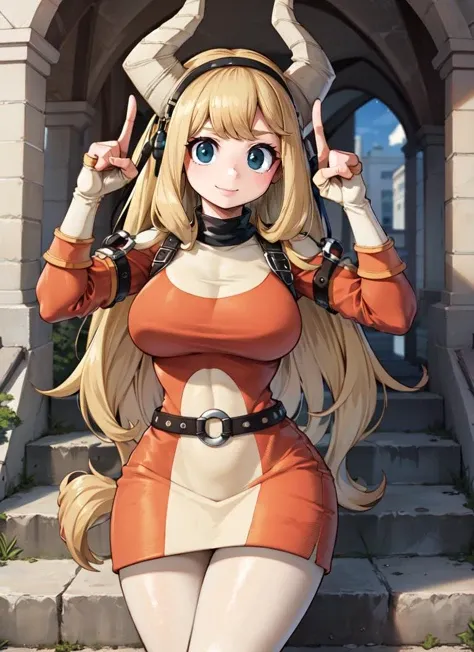 ((best quality)), ((highly detailed)), masterpiece, absurdres, (detailed eyes, deep eyes), (1girl), upper body, <lora:Tsunotori-Moka19:.8>, Tsunotori, blonde hair, long hair, blue eyes, horns, <lora:hoovedlegs:.4>, hooved legs, hooves, large breasts, smiling, hair band, two-tones dress, belt, fingerless gloves, white pantyhose, (outside, on a stairway, afternoon, storm)