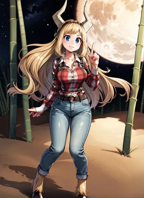 ((best quality)), ((highly detailed)), absurdres, extremely detailed face, beautiful face, (detailed eyes, deep eyes), <lora:more_details:.4>, (1girl), from the front, dynamic pose, full body, (((wide shot))), <lora:Tsunotori-Moka19:.8>, Tsunotori, blonde hair, long hair, blue eyes, horns, <lora:hoovedlegs:.4>, hooved legs, hooves, large breasts, smiling, blue shirt, ((plaid shirt)), collared shirt, collarbone, long sleeves, belt, jeans, (outdoors, in a bamboo forest, evening, night sky, stars, half moon)