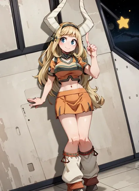 ((best quality)), ((highly detailed)), masterpiece, absurdres, (detailed eyes, deep eyes), <lora:more_details:.2>, (1girl), full body, ((very wide shot)), <lora:Tsunotori-Moka19:.8>, Tsunotori, blonde hair, long hair, blue eyes, horns, <lora:hoovedlegs:.3>, hooved legs, hooves, large breasts, smiling, <lora:UACheerleader:1>, U.A. CheerUniform, orange crop top, orange skirt, (inside, on a space station, space, stars)