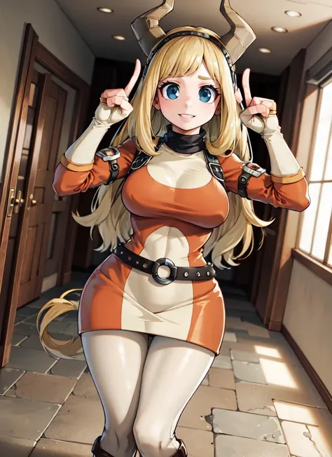 ((best quality)), ((highly detailed)), absurdres, extremely detailed face, beautiful face, (detailed eyes, deep eyes), (1girl), dynamic pose, upper body, <lora:Tsunotori-Moka19:.8>, Tsunotori, blonde hair, long hair, blue eyes, horns, <lora:hoovedlegs:.3>, hooved legs, hooves, large breasts, smiling, hair band, two-tones dress, belt, fingerless gloves, white pantyhose, (inside, in a hallway)
