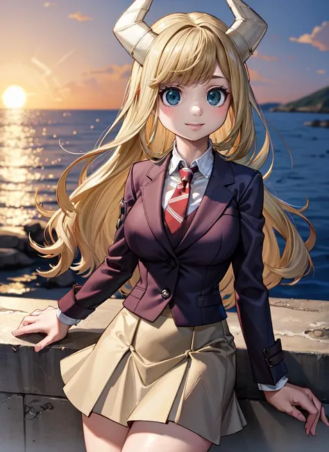 ((best quality)), ((highly detailed)), absurdres, (detailed eyes, deep eyes), (1girl), upper body, <lora:hairdetailer:.6>, <lora:Tsunotori-Moka19:.8>, Tsunotori, blonde hair, long hair, blue eyes, horns, <lora:hoovedlegs:.3>, hooved legs, hooves, large breasts, smiling, school uniform, blazer, (grey jacket), long sleeves, white collared shirt, (red necktie), green skirt, pleated skirt, (outdoors, on the ocean, dawn, sunrise)