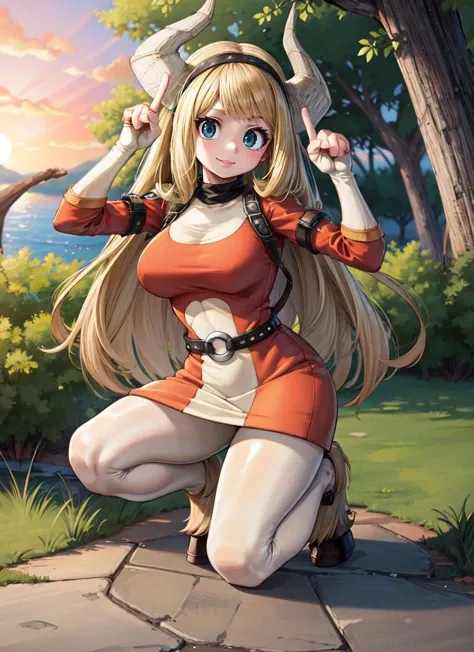 ((best quality)), ((highly detailed)), masterpiece, absurdres, (detailed eyes, deep eyes), <lora:more_details:.5>, (1girl), dynamic pose, cowboy shot, <lora:Tsunotori-Moka19:.8>, Tsunotori, blonde hair, long hair, blue eyes, horns, <lora:hoovedlegs:.4>, hooved legs, hooves, large breasts, smiling, hair band, two-tones dress, belt, fingerless gloves, white pantyhose, (outside, on a mountain range, afternoon)