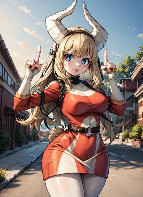 ((best quality)), ((highly detailed)), masterpiece, absurdres, (detailed eyes, deep eyes), <lora:more_details:.5>, (1girl), dynamic pose, cowboy shot, <lora:Tsunotori-Moka19:.8>, Tsunotori, blonde hair, long hair, blue eyes, horns, <lora:hoovedlegs:.4>, hooved legs, hooves, large breasts, smiling, hair band, two-tones dress, belt, fingerless gloves, white pantyhose, (outside, on a mountain range, afternoon)