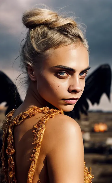 photo of carad woman, abstract colors, texture, film grain, skin pores, fiery atmospheric haze, vignetting:0.2 intricate hasselblad dslr RAW dramatic portrait photo of an evil gothic angel with (flaming huge black feathered ravens wings)1.2, horned demon queen wearing an ornate gothic dress, leg slit, (eyeliner)1.2, (flying)1.4 over a dusty (wasteland junkyard)1.2 fiery hellscape, punk (platinum blonde)1.3, (gritty apocalyptic stormy sunset backlit)1.3, (freckles)1, analog style eye contact selfie, (film grain)1.3