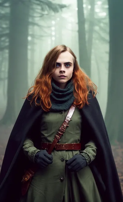 a photo of (carad) woman, abstract colors, texture, film grain, dusty atmospheric haze:0.1, intricate hasselblad dslr RAW, full-body, (as a badass bounty hunter)1.2, long cloak, goth, petite hourglass figure, (red hair), (freckles), steampunk gun machete bandolier leather, (sparks)1.3, analog style, (backlit)1.3, dark foggy woods