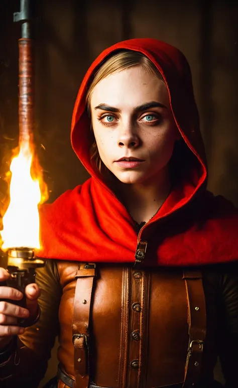 a photo of (carad) woman, abstract colors, texture, film grain, dusty atmospheric haze:0.1, intricate hasselblad dslr RAW full-body dramatic portrait photo of (Little Red Riding Hood as a badass bounty hunter)1.2, long red cloak, (tattooed)1.3 goth, petite hourglass figure, (freckles)1, gritty epic industrial steampunk gun machete bandolier leather, steel wool fire (sparks)1.3, analog style eye contact nofilter selfie, (backlit)1.3 (neon lights).7, (film grain)1.3, dark foggy woods