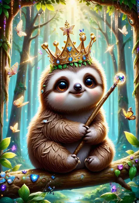 a cute sloth hanging on a tree branch, wearing a golden crown, holding a wizard wand, forest, butterflies, sparkles, <lora:PinkieChbPtsSDXL:0.8>, p1nkch1b1p3ts, chibi animal, no human,