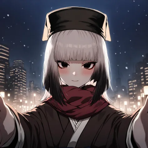 1girl,pov,sen no rikyu \(fate\), fate/grand order,black eyes,multicolored hair,medium hair ,japanese clothes,kimono,hat,black headwear,blush,light smile,outdoors,japanese city,Winter city, snowing,nighttime
scarf,looking at viewer,
anime coloring, anime screencap, masterpiece, best quality, <lora:xl_pov_cheek_warming_(meme):1> <lora:xl-fgo-rikyu9:1>
