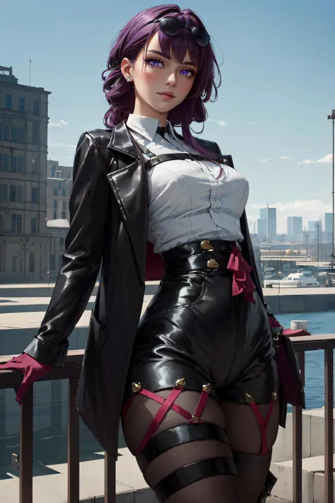 (masterpiece, best quality, ultra detailed, absurdres:1.5), 1girl, (sexy, beautiful woman, perfect face, perfect eyes, perfect female body:1.5), (zzKafka, purple_hair, sunglasses, eyewear on head, harness, black jacket, white shirt, collared shirt, long sleeves, white sleeves, purple gloves, black shorts, thigh strap, pantyhose, black boots,  <lora:kafkaStarRail_v1:0.7>), (standing, outdoors, modern city in background), perfect lighting, smooth, hdr