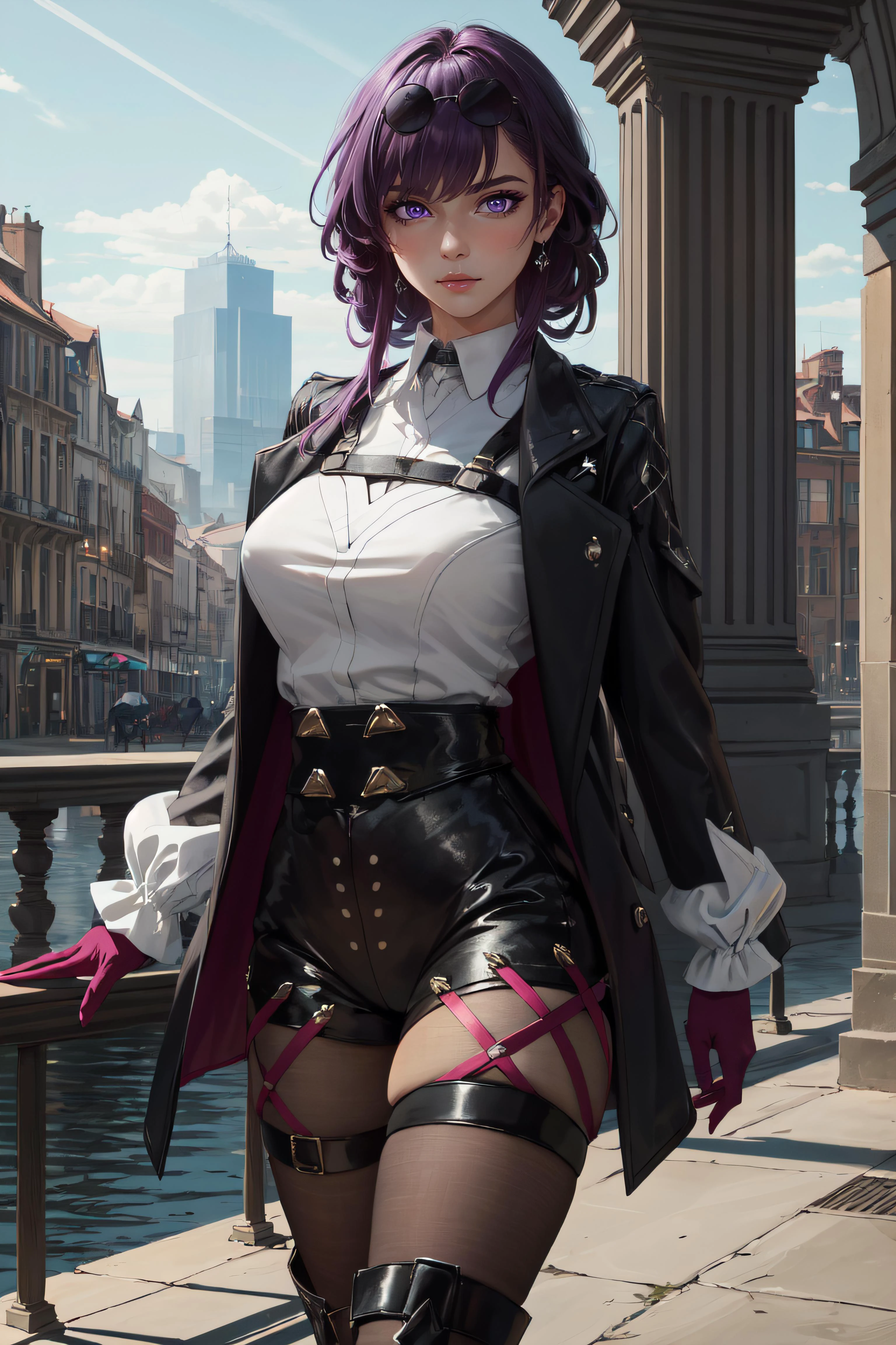 (masterpiece, best quality, ultra detailed, absurdres:1.5), 1girl, (sexy, beautiful woman, perfect face, perfect eyes, perfect female body:1.5), (zzKafka, purple_hair, sunglasses, eyewear on head, harness, black jacket, white shirt, collared shirt, long sleeves, white sleeves, purple gloves, black shorts, thigh strap, pantyhose, black boots, <lora:kafkaStarRail_v1:0.7>), (standing, outdoors, modern city in background), perfect lighting, smooth, hdr