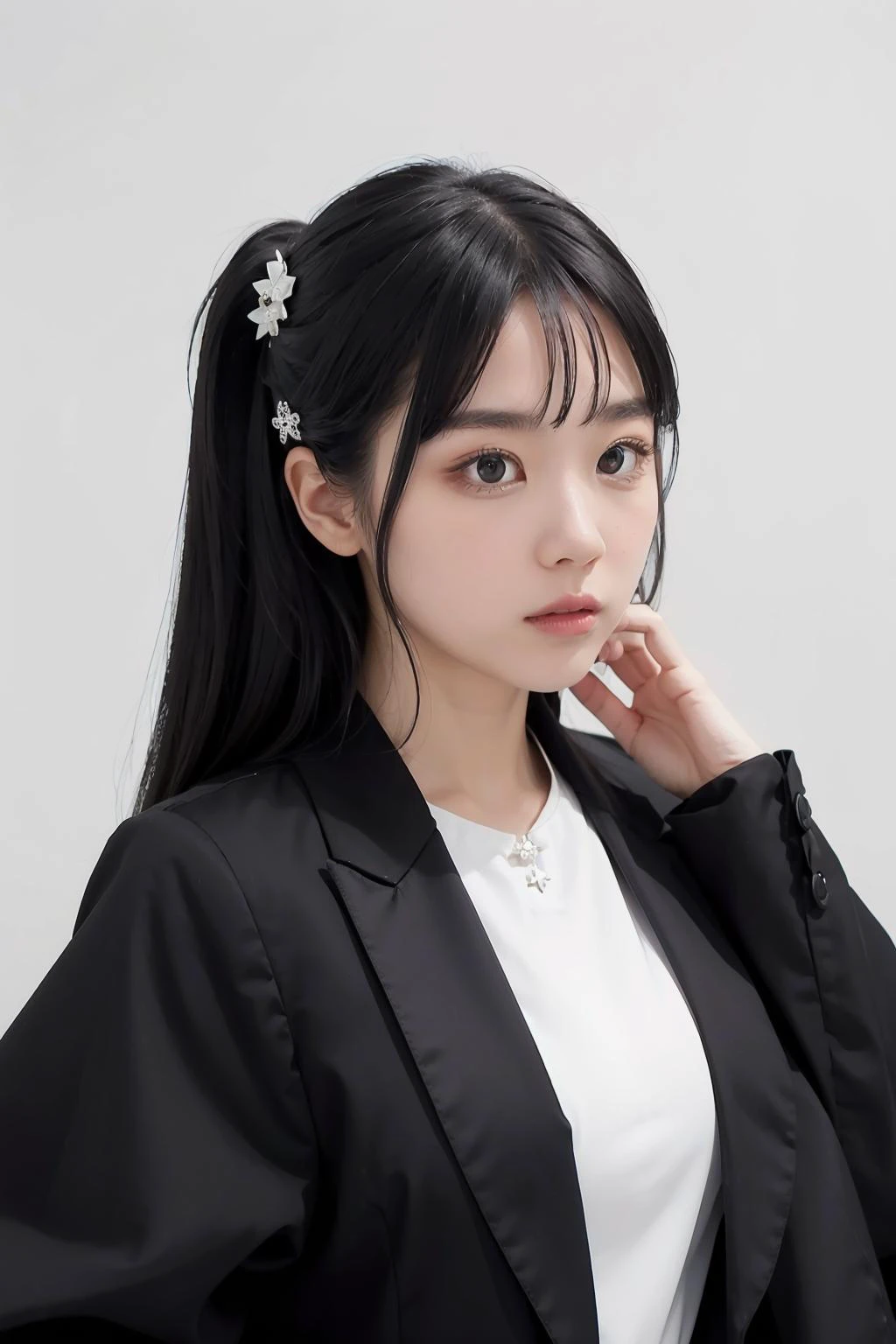 1girl, black random formal attire, white background, <lora:igumdrop-02:1>