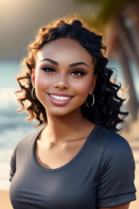 (sharp focus:1.2), photo, attractive danperk, (beautiful face:1.1), detailed eyes, luscious lips, (cat eye makeup:0.85), (big smile:1.2),  wearing (tight tshirt:1.2) on a (beach:1.2).  (moody lighting:1.2), depth of field, bokeh, 4K, HDR. by (James C. Christensen:1.2|Jeremy Lipking:1.1).