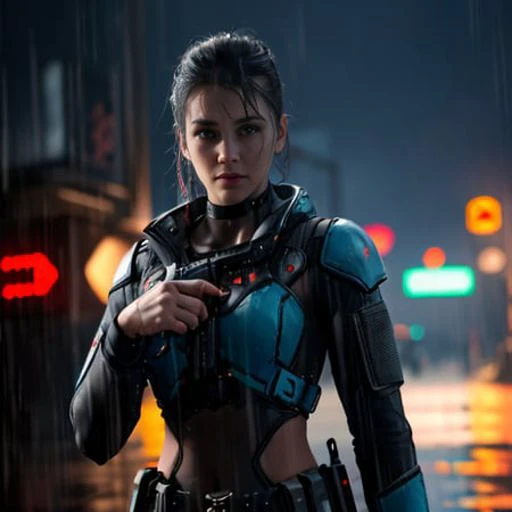 complex 3d render ultra detailed of a beautiful  hungarian 30 year old woman holding pistol, 150 mm, cyberpunk light, rim light, vibrant details, cyberpunk,1girl, cyberpunk_hair, tactical cyber catsuit, sidecut, tactical vest, combat gear, tactical gear, covered_navel, gradient, gradient_background,  medium_breasts, science_fiction, skin_tight, solo,  hold weapon, ((dark evil make-up)), staring at camera, smirk, arrogant, light smile, realistic pistol, (dark rainy cyberpunk city background), wet hair, rain effect, oily skin, small cuts in face, wet, rain, real pistol, detailed pistol,4 fingers, ((heavy rain)),blood on cheek,, ,<lora:epiNoiseoffset_v2:0.7>, rim lighting, sharp focus, low key, dim light,  <lora:wlopStyleLora_30Epochs:0.6>, wlop,