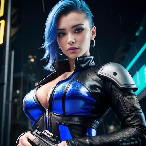 complex 3d render ultra detailed of a beautiful blue_haired hungarian mature woman holding pistol, cyberpunk lighting, rim light, vibrant details, cyberpunk,1girl, cyberpunk_hair, sidecut, earring,tactical cyber catsuit, sidecut, tactical vest, combat gear, tactical gear, covered_navel, gradient, gradient_background, medium_breasts, science_fiction, skin_tight, solo, hold weapon, ((dark make-up, eyeliner, pale)), staring at camera, smirk, arrogant, light smile, realistic pistol, (dark rainy cyberpunk city background), wet hair, rain effect, oily skin, small cuts in face, wet, rain, real pistol, detailed pistol,4 fingers, ((heavy rain)),, ,<lora:epiNoiseoffset_v2:0.7>, rim lighting, sharp focus, low key, dim light,
