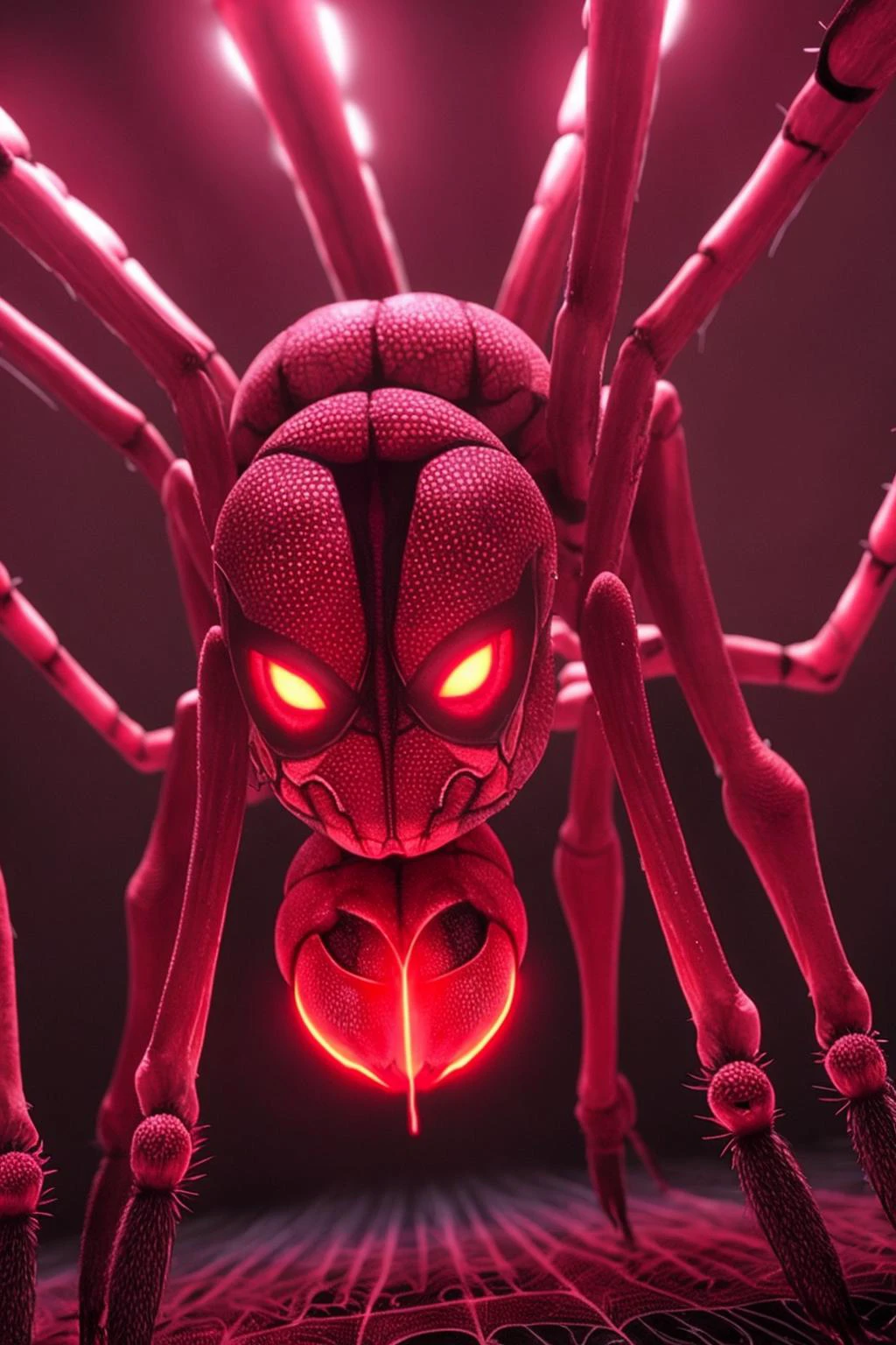 female arachnoid demon with eight legs and spider eyes. horrific, disturbing. living in a dark basement. red glow. volumetric light.