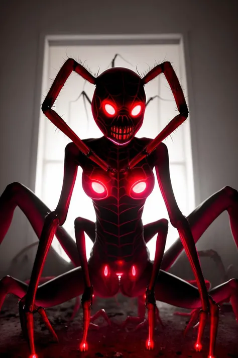 female arachnoid demon with eight legs and spider eyes. horrific, disturbing. living in a dark basement. red glow. volumetric light.