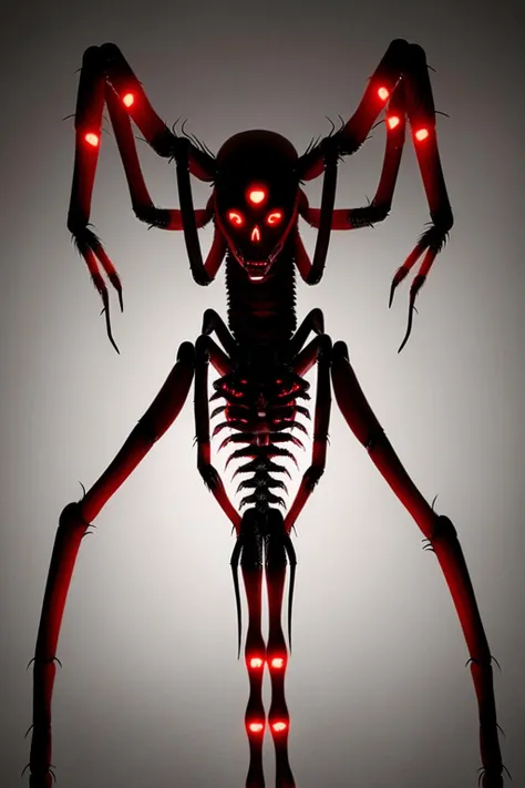 female arachnoid demon with eight legs and spider eyes. horrific, disturbing. living in a dark basement. red glow. volumetric light.