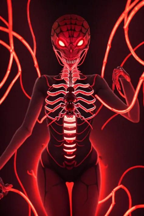 female arachnoid demon with eight legs and spider eyes. horrific, disturbing. living in a dark basement. red glow. volumetric light.