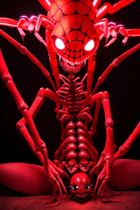 female arachnoid demon with eight legs and spider eyes. horrific, disturbing. living in a dark basement. red glow. volumetric light.