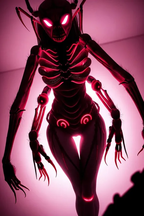 female arachnoid demon with eight legs and spider eyes. horrific, disturbing. living in a dark basement. red glow. volumetric light.