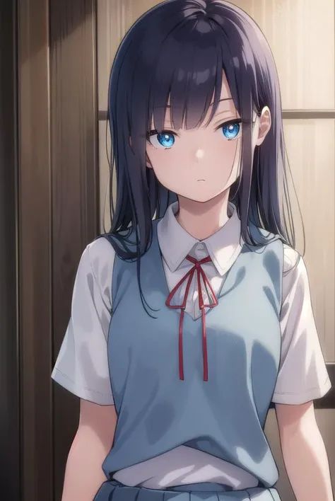 musumesan, <lora:musumesan-lora-nochekaiser:1>,
musume san, long hair, bangs, blue hair, blue eyes,
BREAK skirt, shirt, ribbon, school uniform, short sleeves, pleated skirt, vest, neck ribbon, sweater vest,
BREAK indoors,
BREAK looking at viewer, (cowboy shot:1.5),
BREAK <lyco:GoodHands-beta2:1>, (masterpiece:1.2), best quality, high resolution, unity 8k wallpaper, (illustration:0.8), (beautiful detailed eyes:1.6), extremely detailed face, perfect lighting, extremely detailed CG, (perfect hands, perfect anatomy),