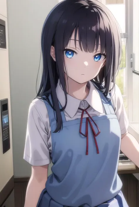 musumesan, <lora:musumesan-lora-nochekaiser:1>,
musume san, long hair, bangs, blue hair, blue eyes,
BREAK skirt, shirt, ribbon, school uniform, short sleeves, pleated skirt, vest, neck ribbon, sweater vest,
BREAK indoors,
BREAK looking at viewer, (cowboy shot:1.5),
BREAK <lyco:GoodHands-beta2:1>, (masterpiece:1.2), best quality, high resolution, unity 8k wallpaper, (illustration:0.8), (beautiful detailed eyes:1.6), extremely detailed face, perfect lighting, extremely detailed CG, (perfect hands, perfect anatomy),