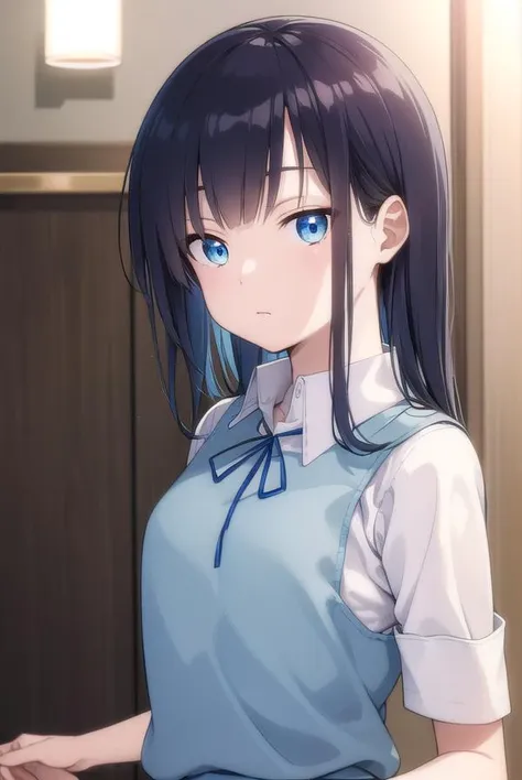 musumesan, <lora:musumesan-lora-nochekaiser:1>,
musume san, long hair, bangs, blue hair, blue eyes,
BREAK skirt, shirt, ribbon, school uniform, short sleeves, pleated skirt, vest, neck ribbon, sweater vest,
BREAK indoors,
BREAK looking at viewer, (cowboy shot:1.5),
BREAK <lyco:GoodHands-beta2:1>, (masterpiece:1.2), best quality, high resolution, unity 8k wallpaper, (illustration:0.8), (beautiful detailed eyes:1.6), extremely detailed face, perfect lighting, extremely detailed CG, (perfect hands, perfect anatomy),