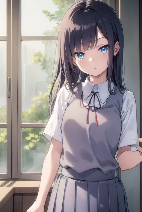 musumesan, <lora:musumesan-lora-nochekaiser:1>,
musume san, long hair, bangs, blue hair, blue eyes,
BREAK skirt, shirt, ribbon, school uniform, short sleeves, pleated skirt, vest, neck ribbon, sweater vest,
BREAK indoors,
BREAK looking at viewer, (cowboy shot:1.5),
BREAK <lyco:GoodHands-beta2:1>, (masterpiece:1.2), best quality, high resolution, unity 8k wallpaper, (illustration:0.8), (beautiful detailed eyes:1.6), extremely detailed face, perfect lighting, extremely detailed CG, (perfect hands, perfect anatomy),