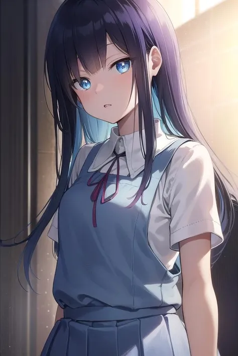 musumesan, <lora:musumesan-lora-nochekaiser:1>,
musume san, long hair, bangs, blue hair, blue eyes,
BREAK skirt, shirt, ribbon, school uniform, short sleeves, pleated skirt, vest, neck ribbon, sweater vest,
BREAK indoors,
BREAK looking at viewer, (cowboy shot:1.5),
BREAK <lyco:GoodHands-beta2:1>, (masterpiece:1.2), best quality, high resolution, unity 8k wallpaper, (illustration:0.8), (beautiful detailed eyes:1.6), extremely detailed face, perfect lighting, extremely detailed CG, (perfect hands, perfect anatomy),