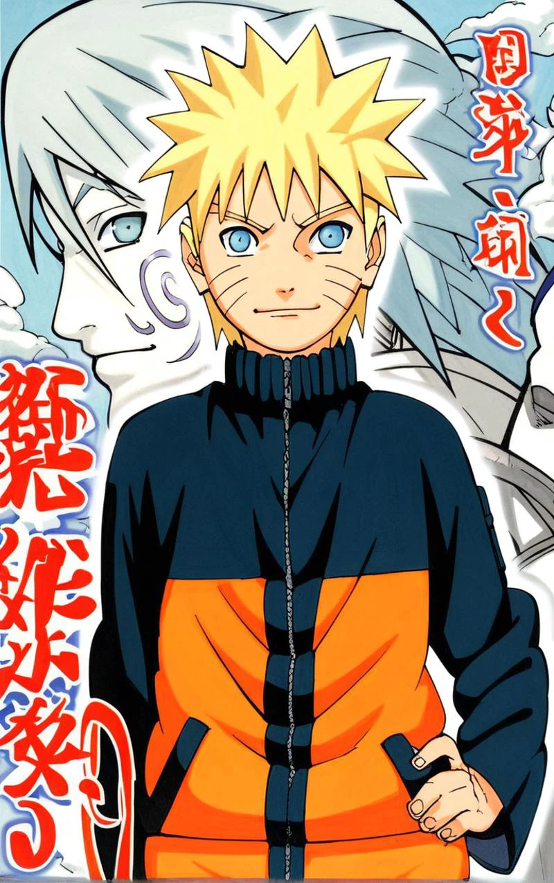 score_9, score_8_up, score_7_up, looking at viewer, BREAK
colored_narutomanga_ownwaifu,
male focus, 1boy, spiked hair, uzumaki naruto, blonde hair, konohagakure symbol, blue eyes, long sleeves, whisker markings, ninja
(contrapposto, hand on hip), manga cover,
<lora:PONYXL_NarutoMangaColored_ownwaifu:1>,