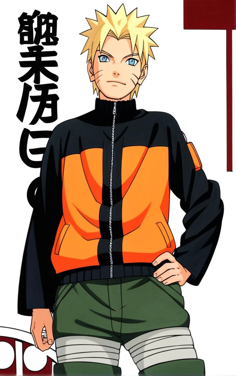 score_9, score_8_up, score_7_up, looking at viewer, BREAK
colored_narutomanga_ownwaifu,
male focus, 1boy, spiked hair, uzumaki naruto, blonde hair, konohagakure symbol, blue eyes, long sleeves, whisker markings, ninja
(contrapposto, hand on hip), manga cover,
<lora:PONYXL_NarutoMangaColored_ownwaifu:0.85>,