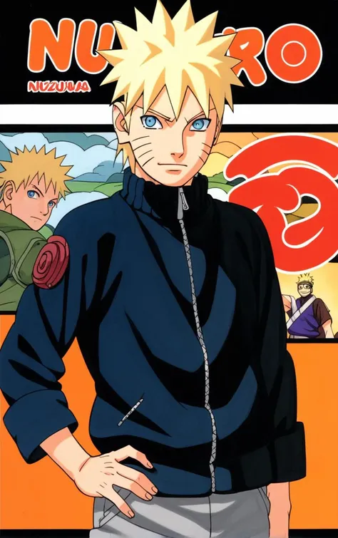 score_9, score_8_up, score_7_up, looking at viewer,  BREAK
colored_narutomanga_ownwaifu, 
male focus, 1boy, spiked hair, uzumaki naruto, blonde hair, konohagakure symbol, blue eyes, long sleeves, whisker markings, ninja
(contrapposto, hand on hip), manga cover, 
<lora:PONYXL_NarutoMangaColored_ownwaifu:1>,