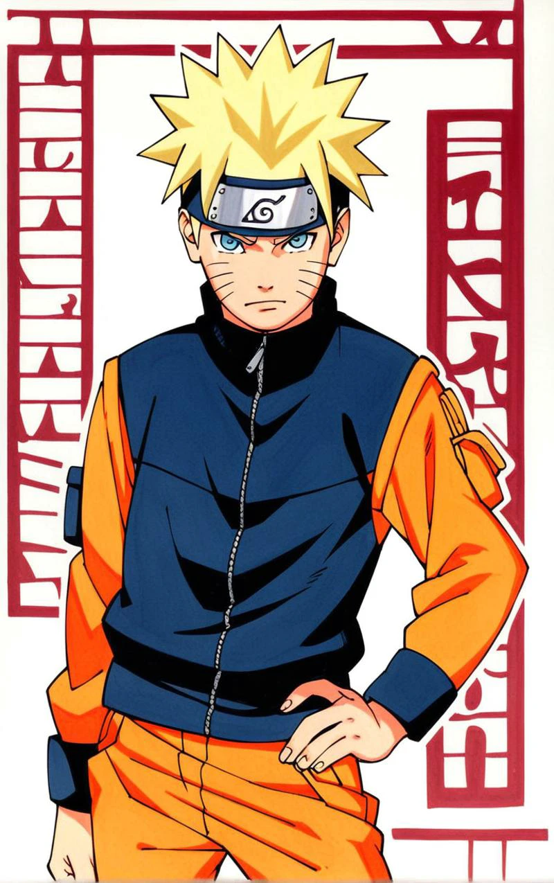 score_9, score_8_up, score_7_up, looking at viewer, BREAK
colored_narutomanga_ownwaifu,
male focus, 1boy, spiked hair, uzumaki naruto, blonde hair, konohagakure symbol, blue eyes, long sleeves, whisker markings, ninja
(contrapposto, hand on hip), manga cover,
<lora:PONYXL_NarutoMangaColored_ownwaifu:0.65>,