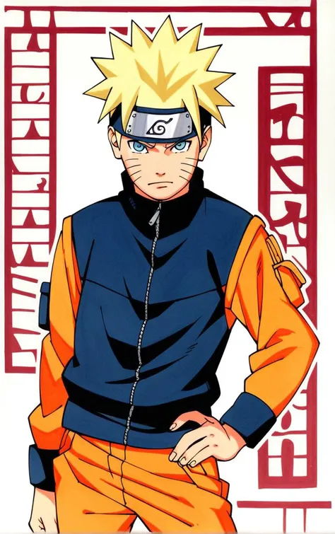 score_9, score_8_up, score_7_up, looking at viewer,  BREAK
colored_narutomanga_ownwaifu, 
male focus, 1boy, spiked hair, uzumaki naruto, blonde hair, konohagakure symbol, blue eyes, long sleeves, whisker markings, ninja
(contrapposto, hand on hip), manga cover, 
<lora:PONYXL_NarutoMangaColored_ownwaifu:0.65>,