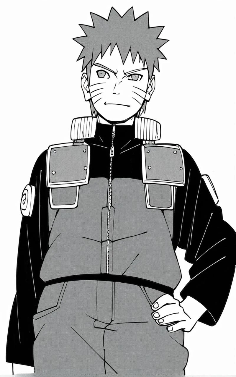 score_9,score_8_up,score_7_up,
BlackAndWhite_NarutoManga_ownwaifu, (monochrome),
male focus, 1boy, spiked hair, uzumaki naruto, konohagakure symbol, long sleeves, whisker markings, ninja
(contrapposto, hand on hip),
<lora:PONYXL_NarutoMangaColored_ownwaifu:1>,