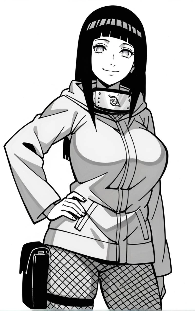 score_9,score_8_up,score_7_up,
BlackAndWhite_NarutoManga_ownwaifu, (monochrome),
1girl, hyuuga hinata, smile, forehead protector, konohagakure symbol, hood, pants, looking at viewer, large breasts, long hair, long sleeves, fishnets, blunt bangs, thigh pouch,
(contrapposto, hand on hip),
<lora:PONYXL_NarutoMangaColored_ownwaifu:1>,