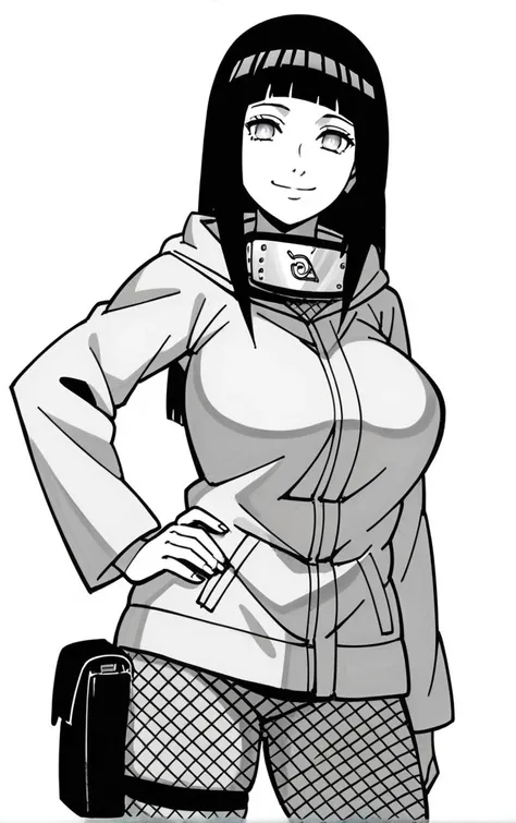 score_9,score_8_up,score_7_up, 
BlackAndWhite_NarutoManga_ownwaifu, (monochrome), 
1girl, hyuuga hinata, smile, forehead protector, konohagakure symbol, hood, pants, looking at viewer, large breasts, long hair, long sleeves, fishnets, blunt bangs, thigh pouch, 
 (contrapposto, hand on hip),
