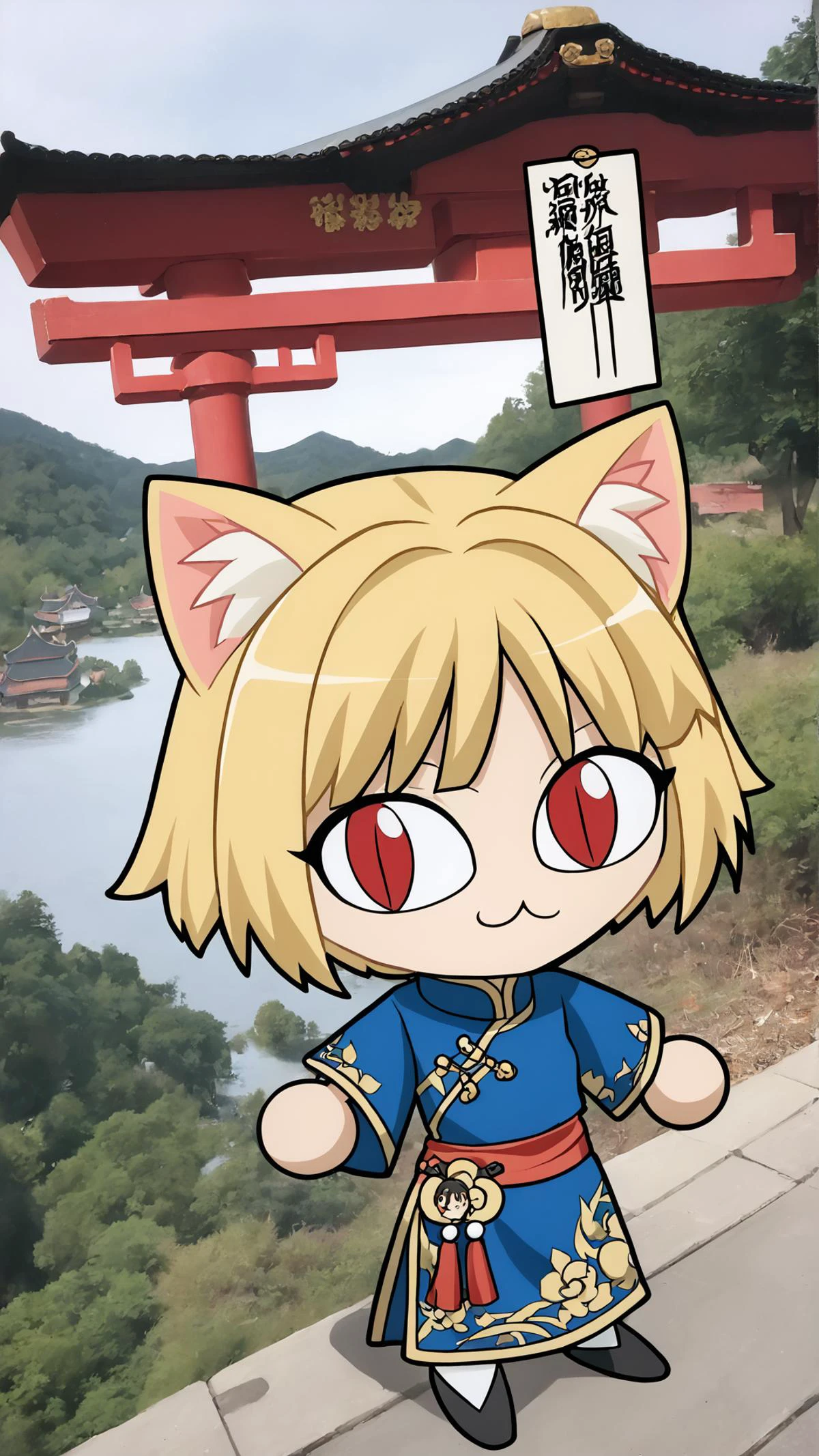 <lora:edgQingChaoPonyv1:0.5> qingchao, a woman in a traditional chinese dress poses for a picture, woman wearing a qingchao dress, qingchao haircut, qingchao scarf, chinese temple, <lora:necoarc-guy-PONYv1_1:0.8> necoarc, blonde hair, red eyes, slit pupils, cat ears, (:3, chibi:1.25), bridge, river, sunbeam,, score 9, score 8 up, score 7 up, score 6 up, score 5 up, score 4 up, BREAK,
