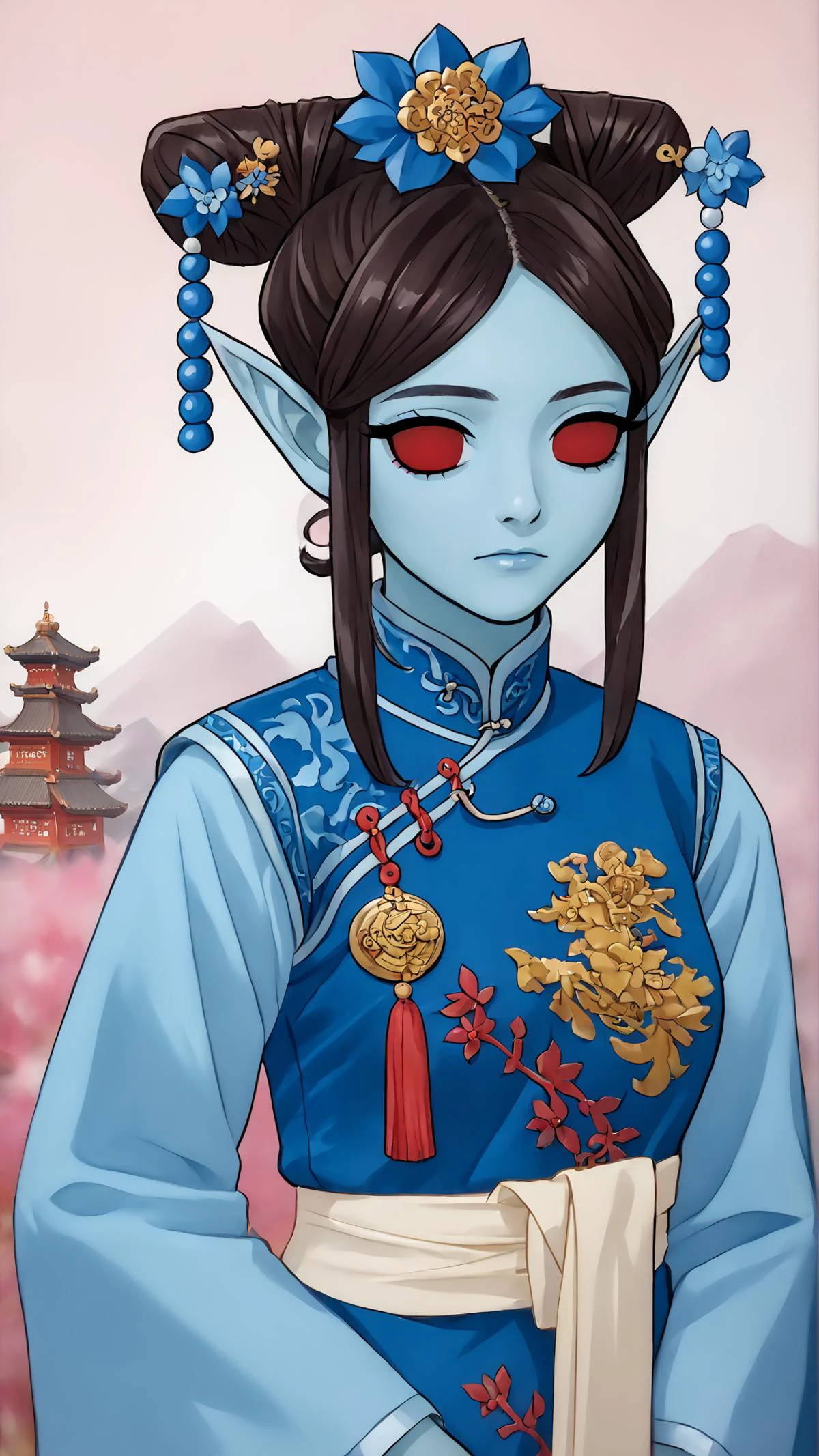 <lora:edgQingChaoPonyv1:0.5> qingchao, a woman in a traditional chinese dress poses for a picture, woman wearing a qingchao dress, qingchao haircut, qingchao scarf, chinese temple, <lora:azura-guy-PONYv1:0.8> azura, blue skin, no pupils, pointy ears, hair bun, hair ornament, <lora:RealisticAnime:0.8> (ultra realistic, 32k, masterpiece:1.2), (high detailed skin:1.1), (high quality:1.1), , bokeh, luminescent background,, score 9, score 8 up, score 7 up, score 6 up, score 5 up, score 4 up, BREAK,