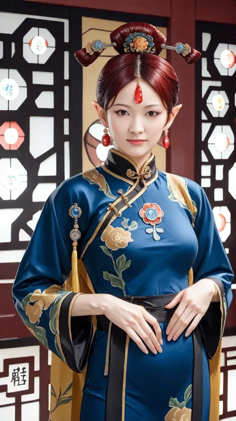 <lora:edgQingChaoPonyv1:0.5> qingchao, a woman in a traditional chinese dress poses for a picture, woman wearing a qingchao dress, qingchao haircut, qingchao scarf, chinese temple, <lora:YrlietPony:0.8> YrlietRT, pointy ears, red hair, gem, blue gemstone <lora:RealisticAnime:0.25> (ultra realistic, 32k, masterpiece:1.2), (high detailed skin:1.1), (high quality:1.1), , bokeh, luminescent background,, score 9, score 8 up, score 7 up, score 6 up, score 5 up, score 4 up, BREAK,